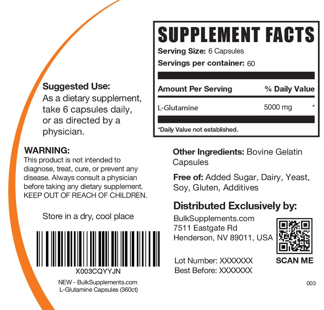 BulkSupplements.com L-Glutamine Capsules - Glutamine Supplement, Amino Acid Supplement - Gluten Free, 6 Capsules per Serving (5000mg), 360 Count (Pack of 1) - Image 6